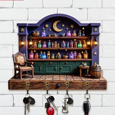 2D Magic Witchy Potions Wood Key Rack - Witchcraft Key Holder 4 Metal Hooks for Wicca Wall Decor-MoonChildWorld