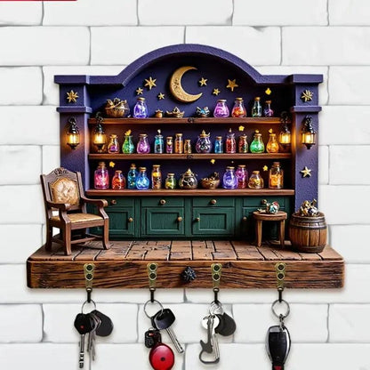 2D Magic Witchy Potions Wood Key Rack - Witchcraft Key Holder 4 Metal Hooks for Wicca Wall Decor-MoonChildWorld