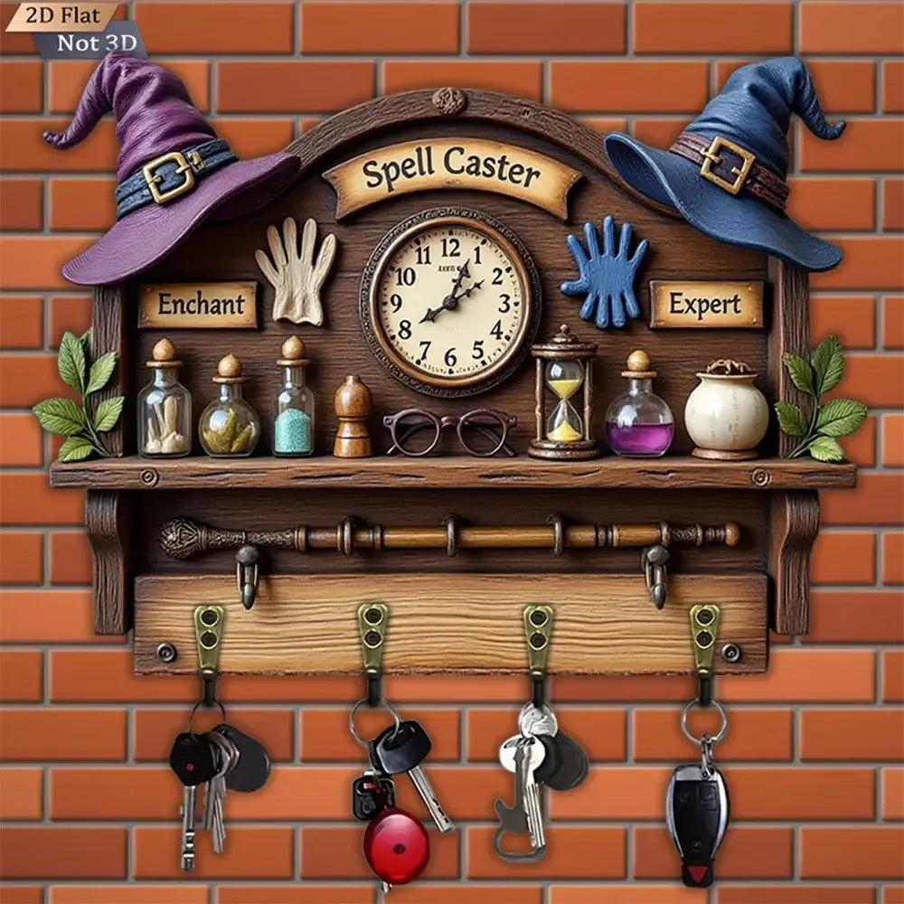2D Magic Wizard Key Holder 4 Metal Hooks - Witch Wood Key Rack-MoonChildWorld
