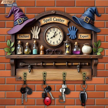 2D Magic Wizard Key Holder 4 Metal Hooks - Witch Wood Key Rack-MoonChildWorld