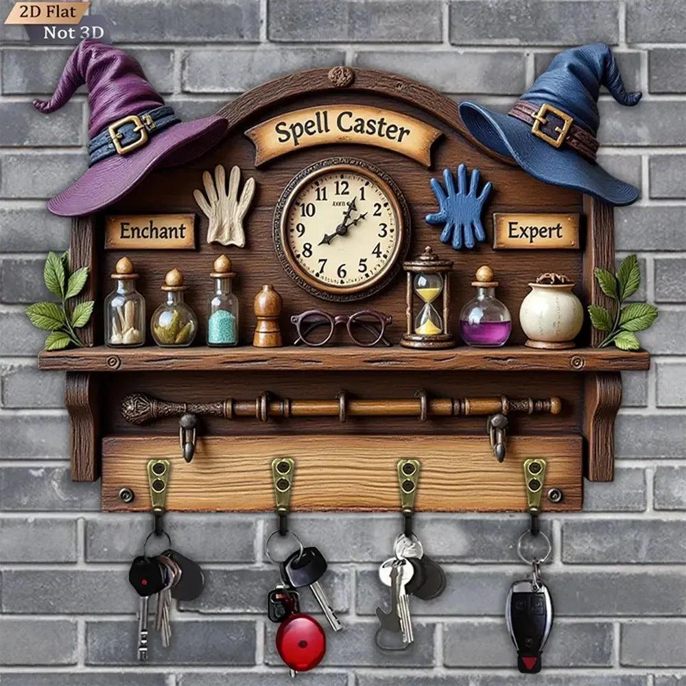 2D Magic Wizard Key Holder 4 Metal Hooks - Witch Wood Key Rack-MoonChildWorld