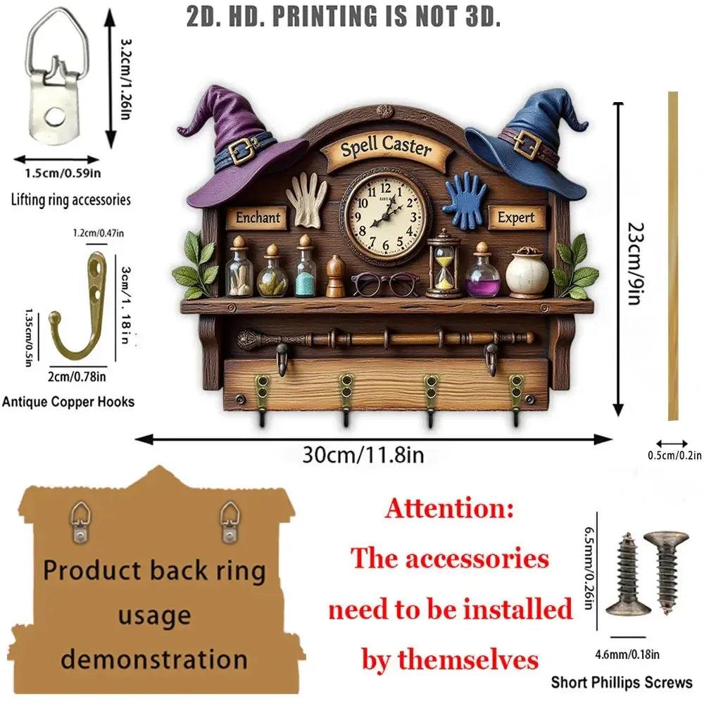 2D Magic Wizard Key Holder 4 Metal Hooks - Witch Wood Key Rack-MoonChildWorld