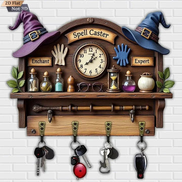 2D Magic Wizard Key Holder 4 Metal Hooks - Witch Wood Key Rack-MoonChildWorld