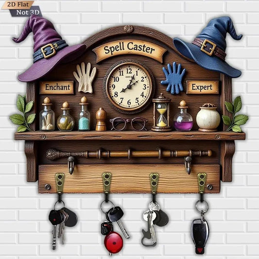 2D Magic Wizard Key Holder 4 Metal Hooks - Witch Wood Key Rack-MoonChildWorld