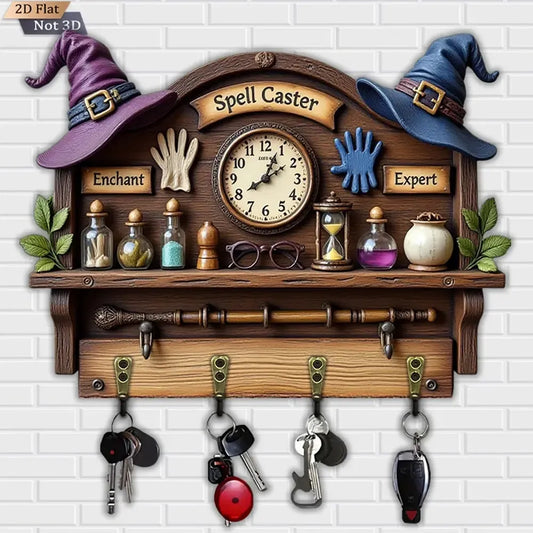 2D Magic Wizard Key Holder 4 Metal Hooks - Witch Wood Key Rack-MoonChildWorld
