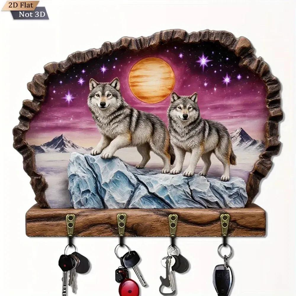 2D Moon Wolves Key Holder 4 Metal Hooks - Spiritual Wood Key Rack-MoonChildWorld