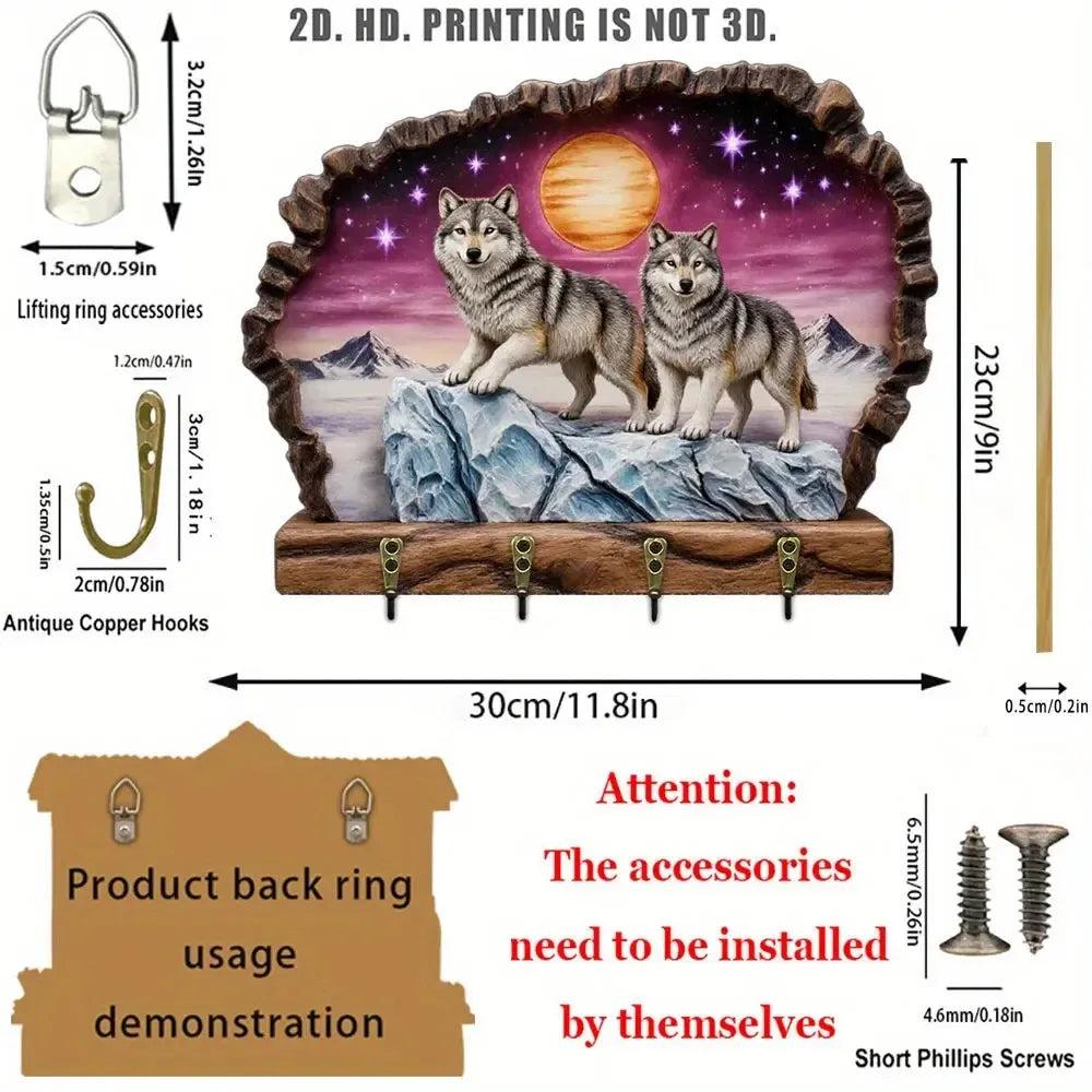 2D Moon Wolves Key Holder 4 Metal Hooks - Spiritual Wood Key Rack-MoonChildWorld