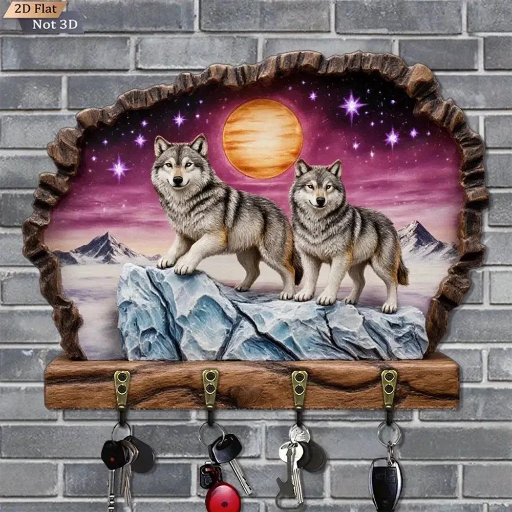2D Moon Wolves Key Holder 4 Metal Hooks - Spiritual Wood Key Rack-MoonChildWorld