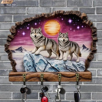 2D Moon Wolves Key Holder 4 Metal Hooks - Spiritual Wood Key Rack-MoonChildWorld