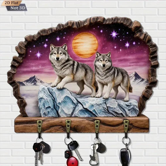 2D Moon Wolves Key Holder 4 Metal Hooks - Spiritual Wood Key Rack-MoonChildWorld