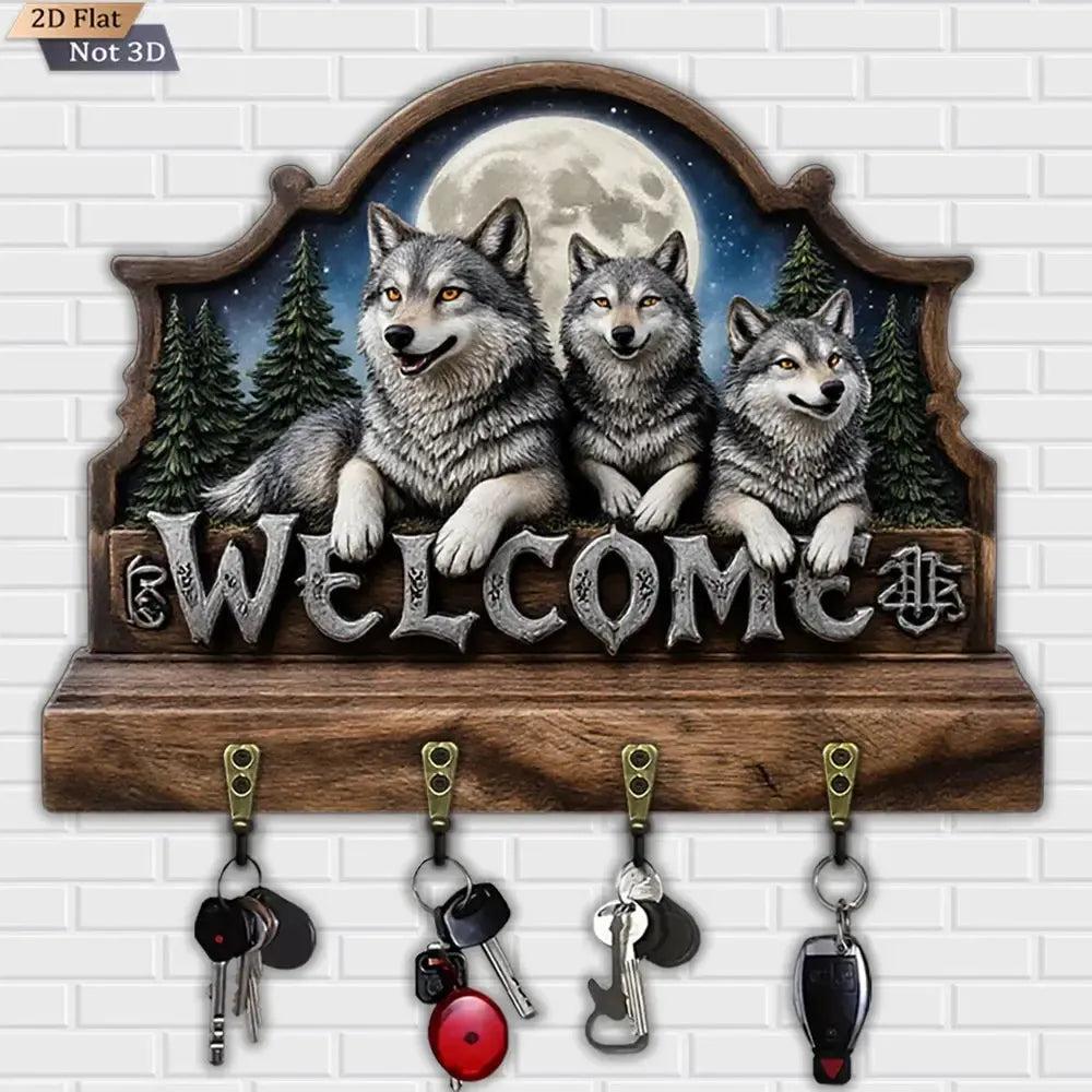 2D Moonlight Wolf Wood Key Rack - Welcome Wolves Key Holder 4 Metal Hooks for Witch Decor-MoonChildWorld