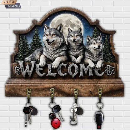 2D Moonlight Wolf Wood Key Rack - Welcome Wolves Key Holder 4 Metal Hooks for Witch Decor-MoonChildWorld