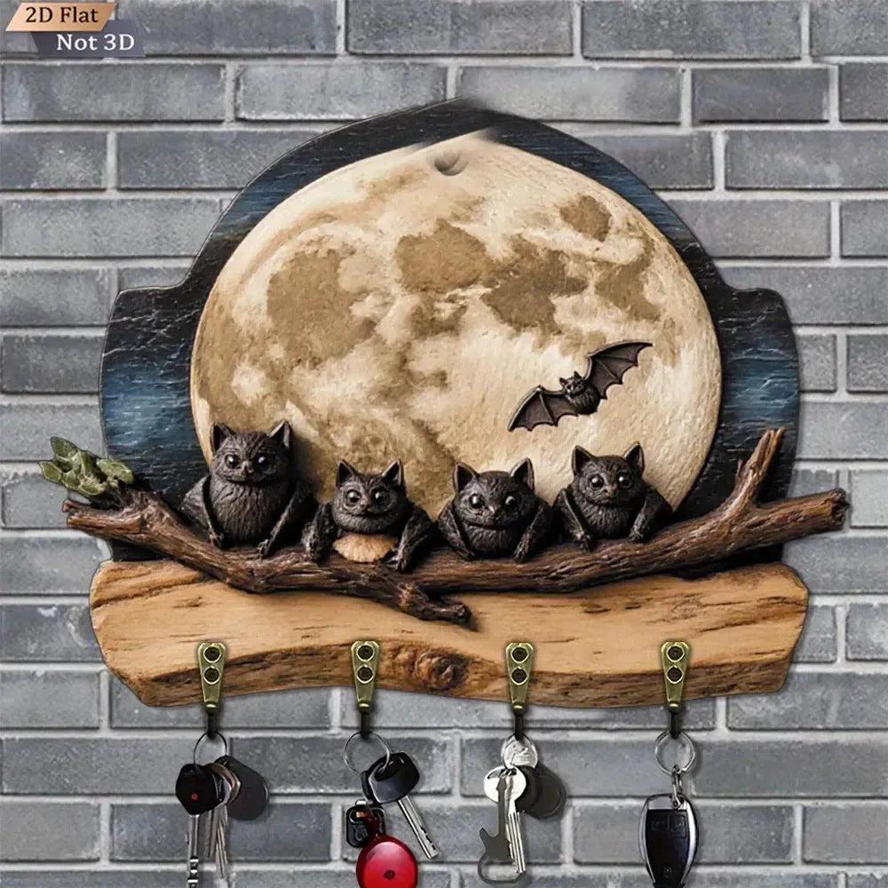 2D Moonlit Bat Halloween Wooden Key Holder with 4 Metal Hooks - Gothic Wood Key Rack-MoonChildWorld