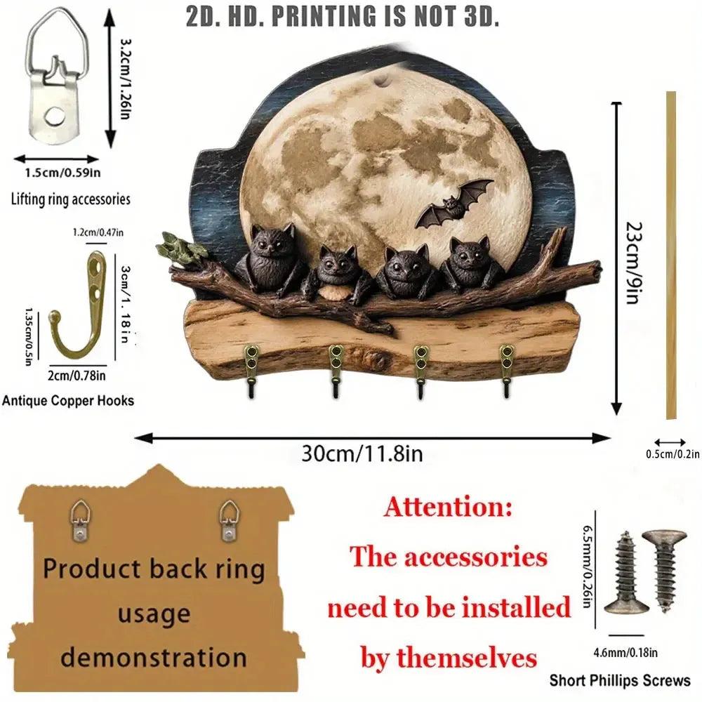 2D Moonlit Bat Halloween Wooden Key Holder with 4 Metal Hooks - Gothic Wood Key Rack-MoonChildWorld
