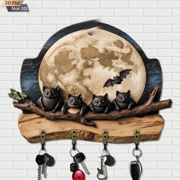 2D Moonlit Bat Halloween Wooden Key Holder with 4 Metal Hooks - Gothic Wood Key Rack-MoonChildWorld