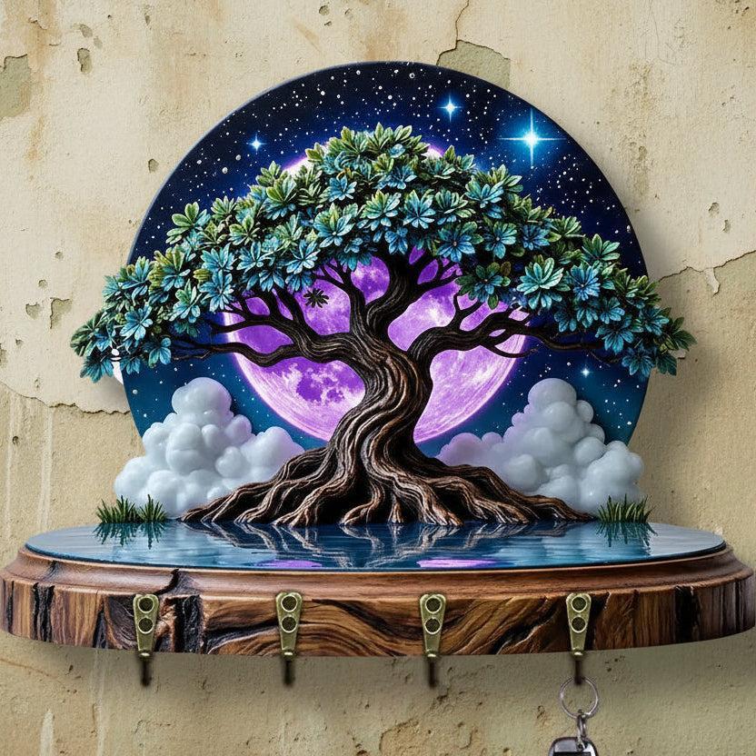 2D Moonlit Tree of Life Key Holder 4 Metal Hooks - Wicca Pagan Wood Key Rack-MoonChildWorld