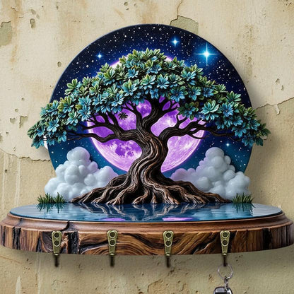 2D Moonlit Tree of Life Key Holder 4 Metal Hooks - Wicca Pagan Wood Key Rack-MoonChildWorld