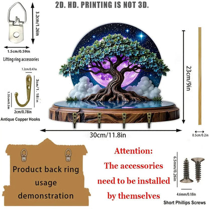 2D Moonlit Tree of Life Key Holder 4 Metal Hooks - Wicca Pagan Wood Key Rack-MoonChildWorld