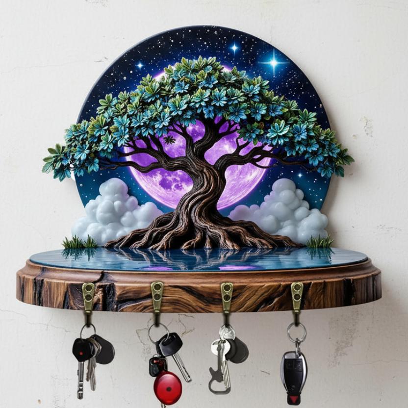 2D Moonlit Tree of Life Key Holder 4 Metal Hooks - Wicca Pagan Wood Key Rack-MoonChildWorld