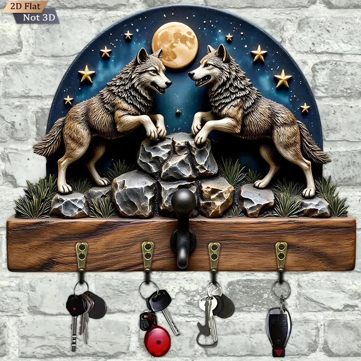 2D Moonlit Wolves Wooden Key Holder with 4 Metal Hooks - Wolf Wood Key Rack-MoonChildWorld