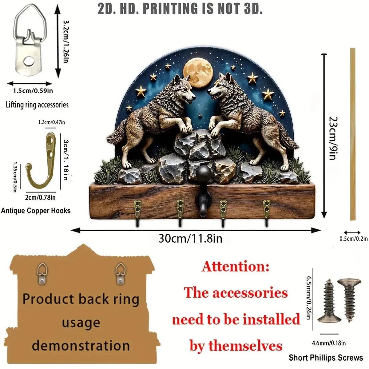 2D Moonlit Wolves Wooden Key Holder with 4 Metal Hooks - Wolf Wood Key Rack-MoonChildWorld