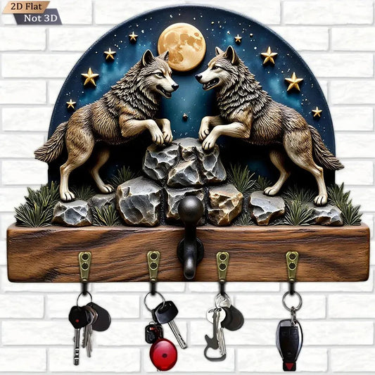 2D Moonlit Wolves Wooden Key Holder with 4 Metal Hooks - Wolf Wood Key Rack-MoonChildWorld