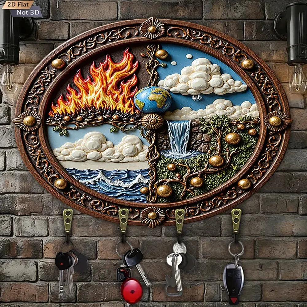 2D Natural Elements Wicca Pagan Wood Key Rack - Earth Water Fire Wind Key Holder with 4 Metal Hooks-MoonChildWorld