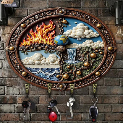 2D Natural Elements Wicca Pagan Wood Key Rack - Earth Water Fire Wind Key Holder with 4 Metal Hooks-MoonChildWorld