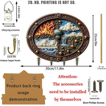 2D Natural Elements Wicca Pagan Wood Key Rack - Earth Water Fire Wind Key Holder with 4 Metal Hooks-MoonChildWorld