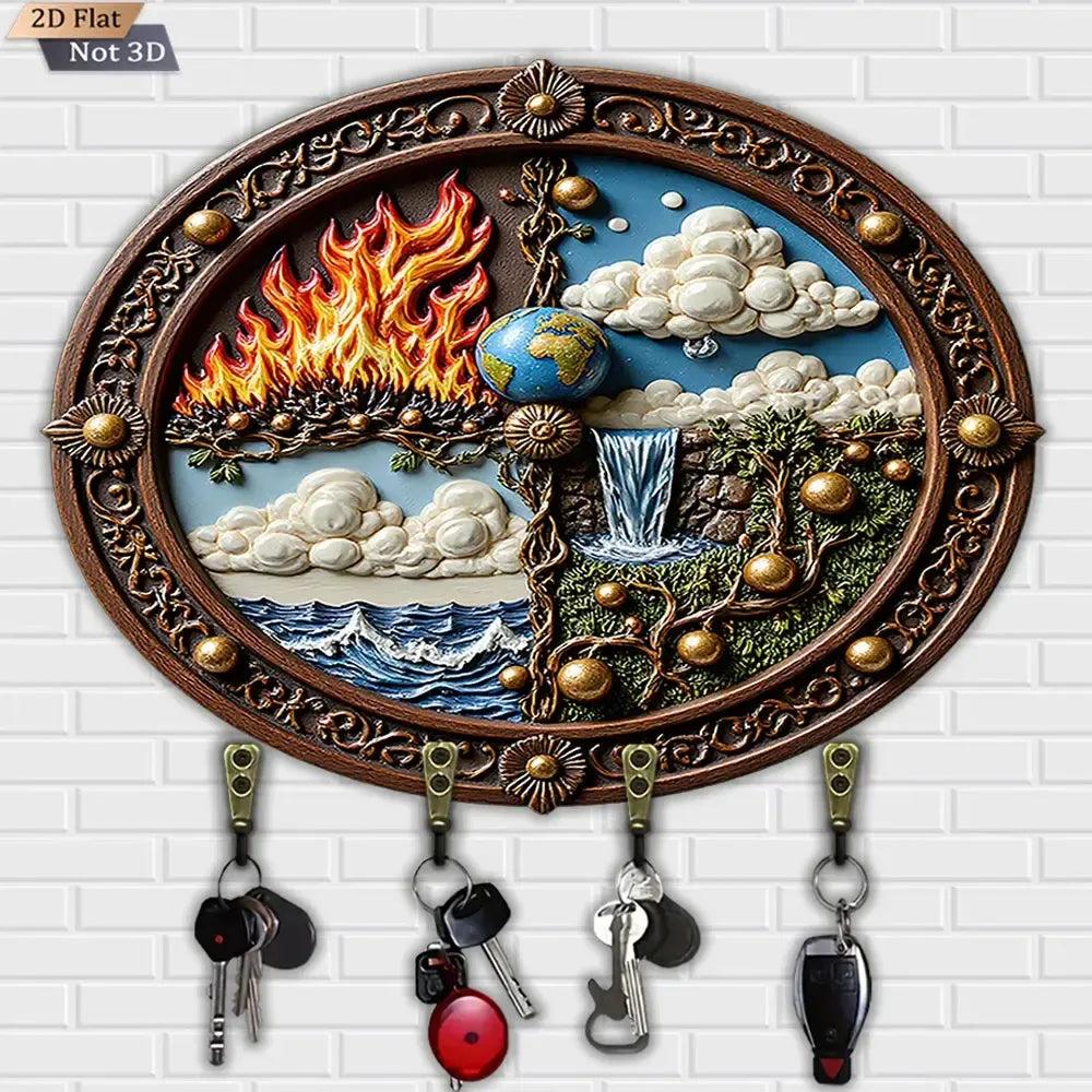 2D Natural Elements Wicca Pagan Wood Key Rack - Earth Water Fire Wind Key Holder with 4 Metal Hooks-MoonChildWorld