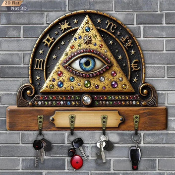 2D Occult All-Seeing Eye Key Holder 4 Metal Hooks - Witchy Wicca Wood Key Rack-MoonChildWorld