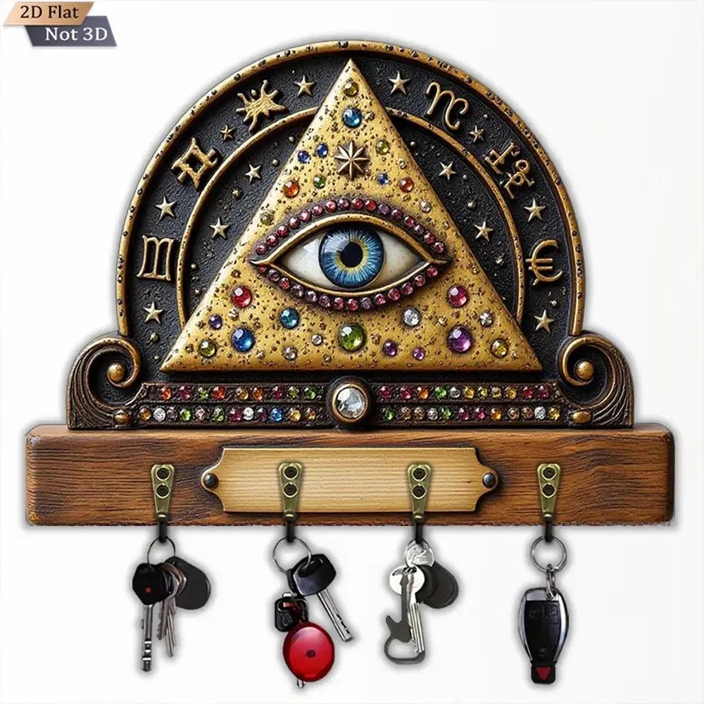2D Occult All-Seeing Eye Key Holder 4 Metal Hooks - Witchy Wicca Wood Key Rack-MoonChildWorld