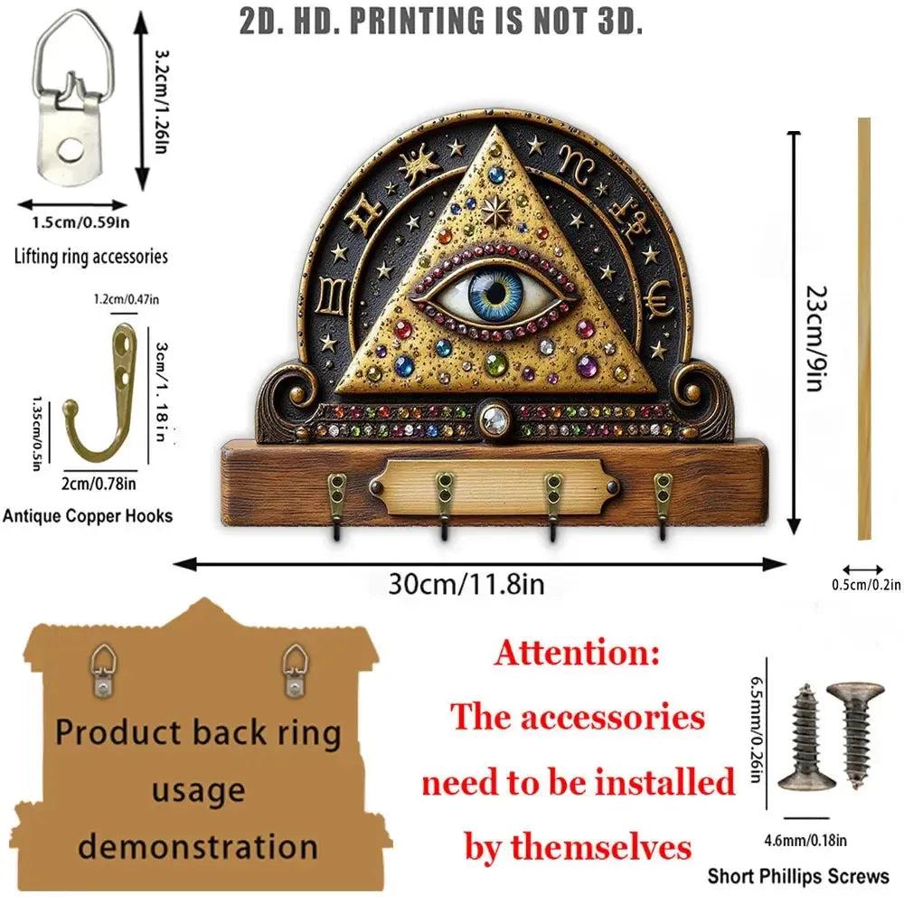 2D Occult All-Seeing Eye Key Holder 4 Metal Hooks - Witchy Wicca Wood Key Rack-MoonChildWorld