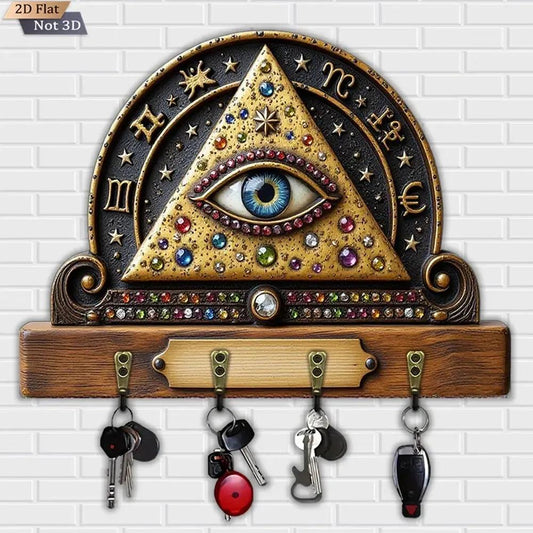 2D Occult All-Seeing Eye Key Holder 4 Metal Hooks - Witchy Wicca Wood Key Rack-MoonChildWorld