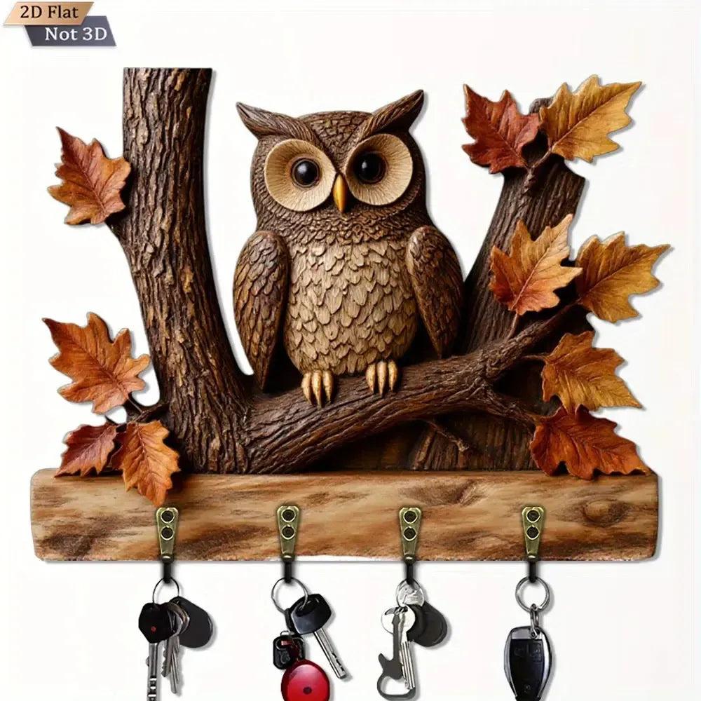 2D Owl Autumn Leaves Wooden Key Holder with Four Metal Hooks-MoonChildWorld