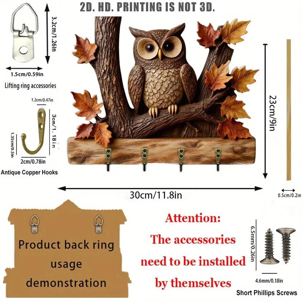 2D Owl Autumn Leaves Wooden Key Holder with Four Metal Hooks-MoonChildWorld
