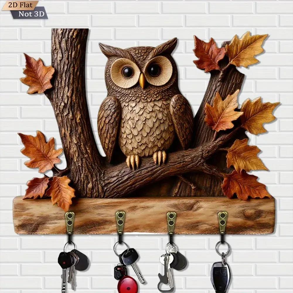 2D Owl Autumn Leaves Wooden Key Holder with Four Metal Hooks-MoonChildWorld