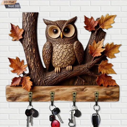 2D Owl Autumn Leaves Wooden Key Holder with Four Metal Hooks-MoonChildWorld