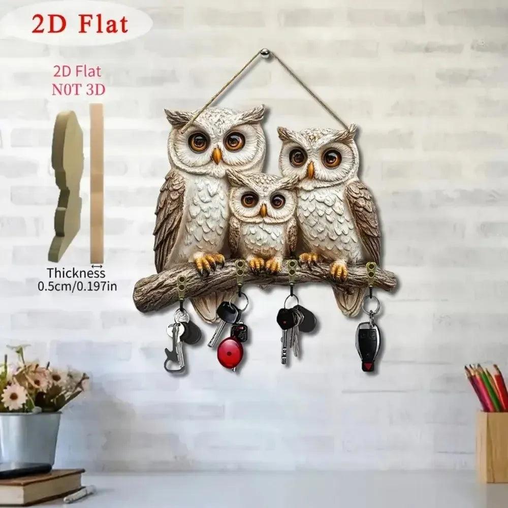 2D Owl Family Wooden Multifunctional Key Holder with Four Metal Hooks-MoonChildWorld