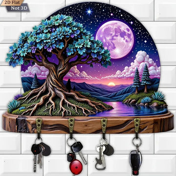2D Pagan Moonlit Tree Wood Key Rack - Spirit Tree of life Wooden Key Holder with 4 Metal Hooks-MoonChildWorld
