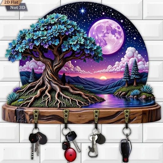 2D Pagan Moonlit Tree Wood Key Rack - Spirit Tree of life Wooden Key Holder with 4 Metal Hooks-MoonChildWorld