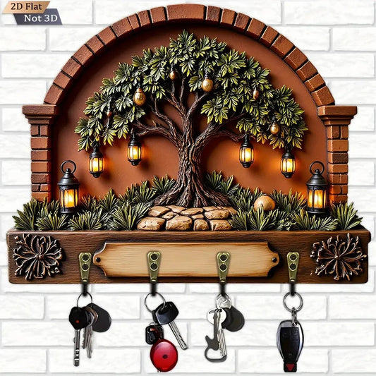 2D Pagan Tree of life Wicca Wooden Key Holder 4 Metal Hooks - Mystic Wood Key Rack-MoonChildWorld