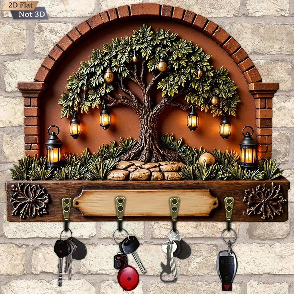 2D Pagan Tree of life Wicca Wooden Key Holder 4 Metal Hooks - Mystic Wood Key Rack-MoonChildWorld