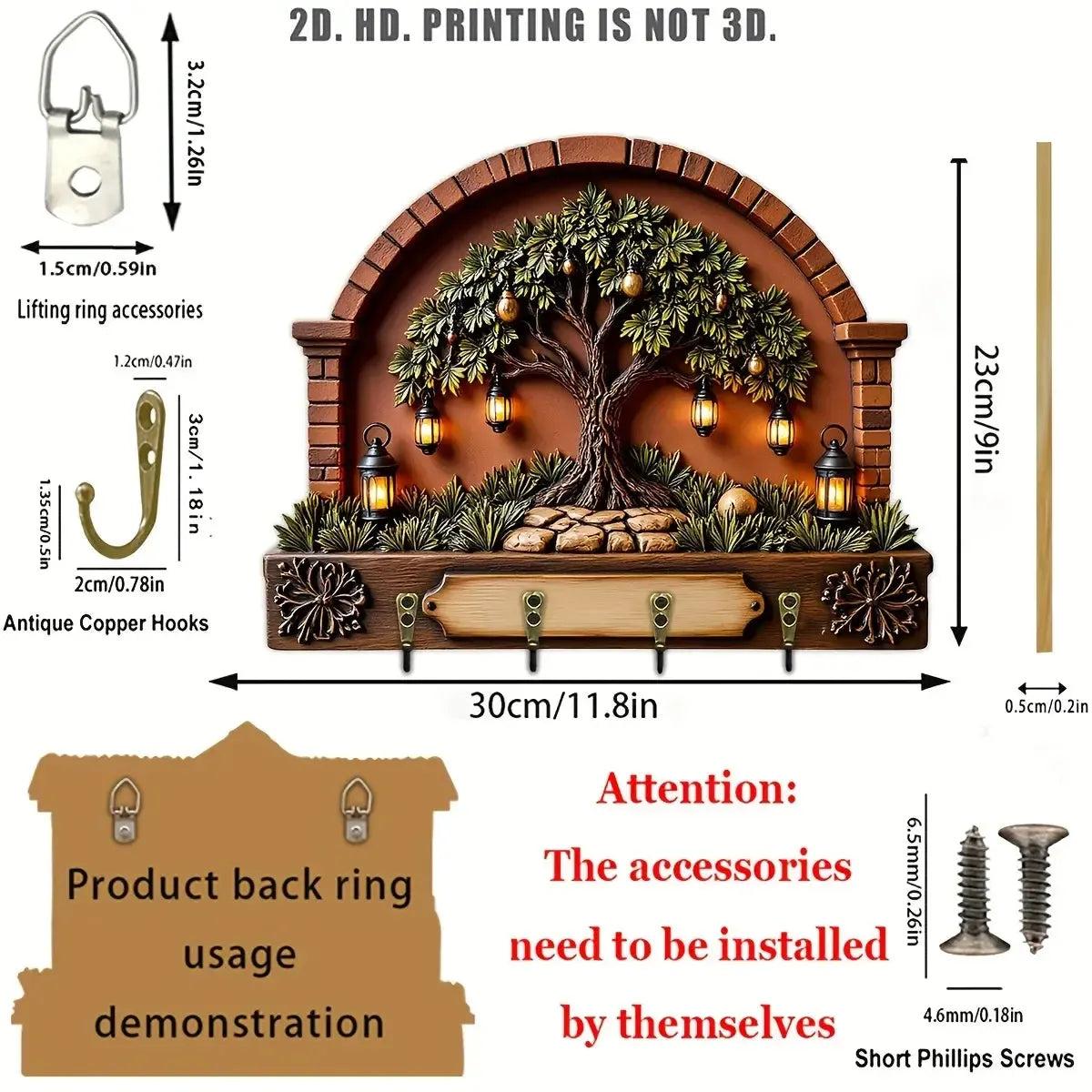 2D Pagan Tree of life Wicca Wooden Key Holder 4 Metal Hooks - Mystic Wood Key Rack-MoonChildWorld