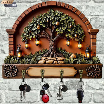 2D Pagan Tree of life Wicca Wooden Key Holder 4 Metal Hooks - Mystic Wood Key Rack-MoonChildWorld