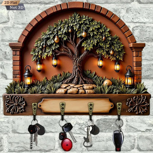 2D Pagan Tree of life Wicca Wooden Key Holder 4 Metal Hooks - Mystic Wood Key Rack-MoonChildWorld