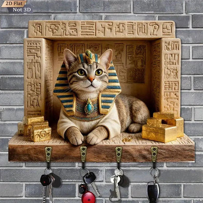 2D Pharaoh Cat Wood Key Rack - Egyptian Cat Key Holder 4 Metal Hooks-MoonChildWorld