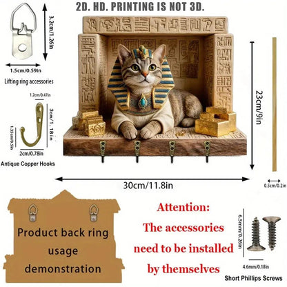 2D Pharaoh Cat Wood Key Rack - Egyptian Cat Key Holder 4 Metal Hooks-MoonChildWorld