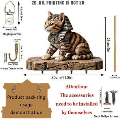 2D Pharaoh Cat Wood Key Rack - Egyptian Cat Key Holder 4 Metal Hooks-MoonChildWorld