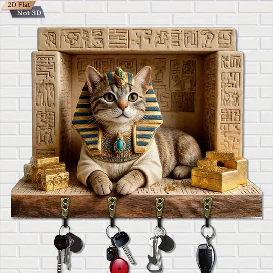2D Pharaoh Cat Wood Key Rack - Egyptian Cat Key Holder 4 Metal Hooks-MoonChildWorld